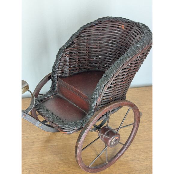 Vintage Wooden & Metal Miniature Doll Tricycle Rickshaw Wicker Seat 12" x 22" - Picture 5 of 16